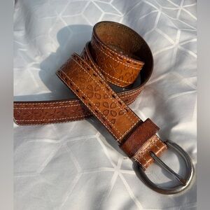 Quality Leather Tooled Belt - thick - silver buckle- 33"-37"